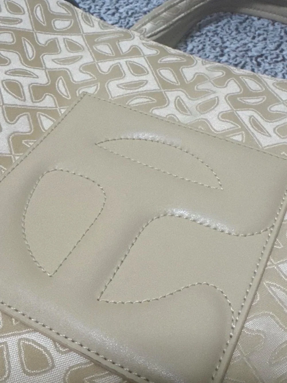 Telfar Beige Monogram Tote with Top Handles and Shoulder Strap